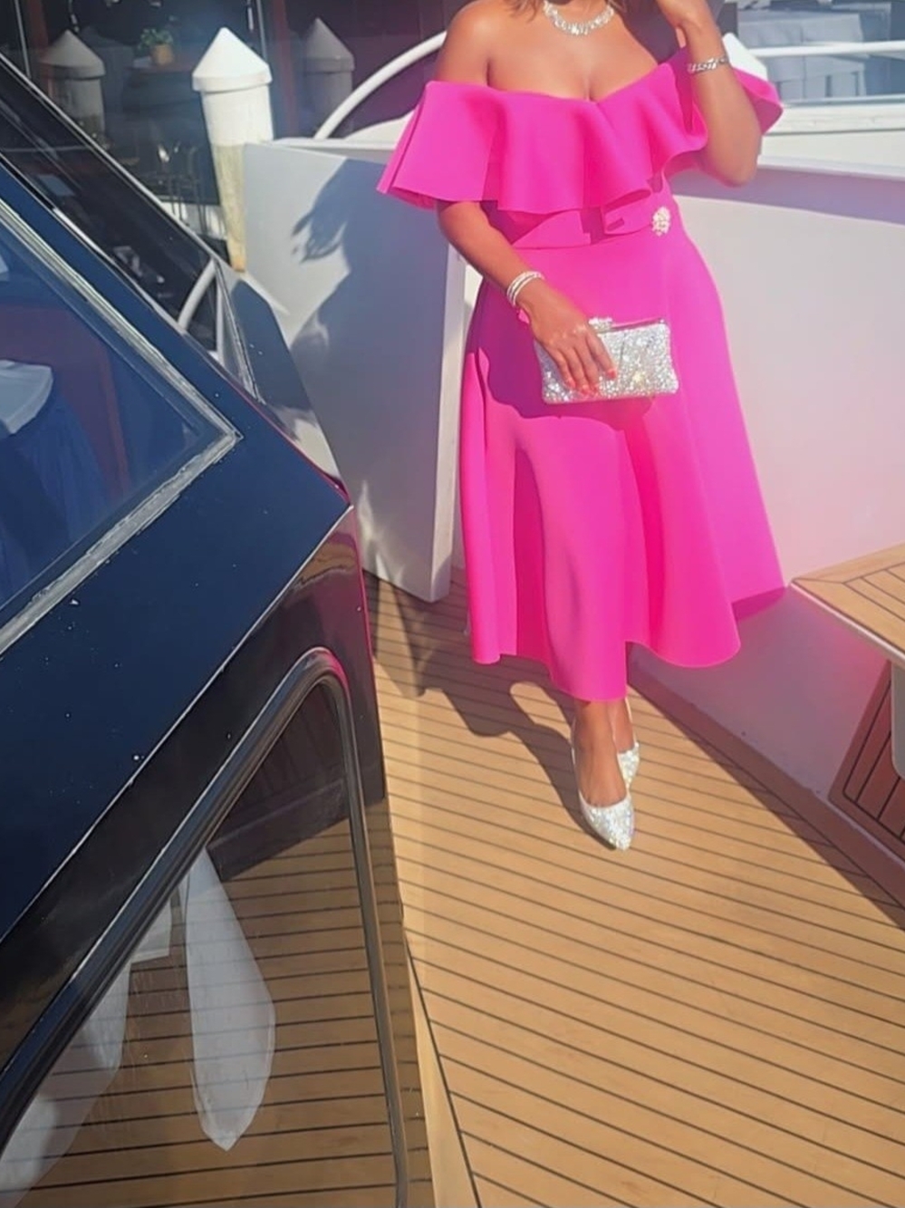 Off-Shoulder Pink Midi Skirt - Elegant Ruffle Design